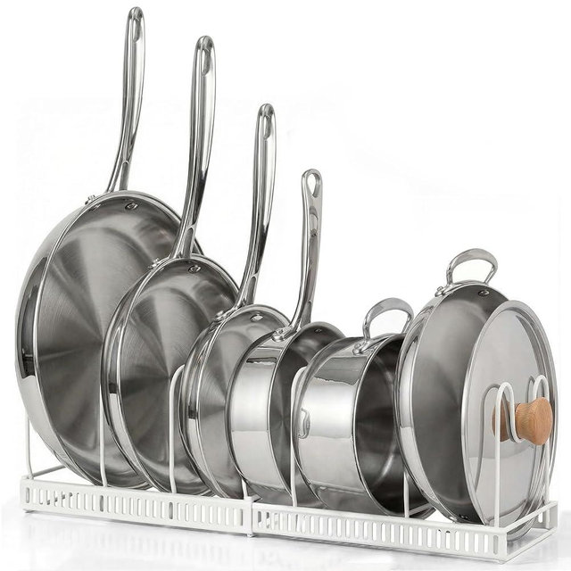 Gadhra 2 Pack Under-Cabinet Cookware Organizer Set, 22" Expandable Food Container Lid Holder with 14 Adjustable Dividers - Suitable for In-Cabinet or Countertop of Pots & Cutting Boards (White)