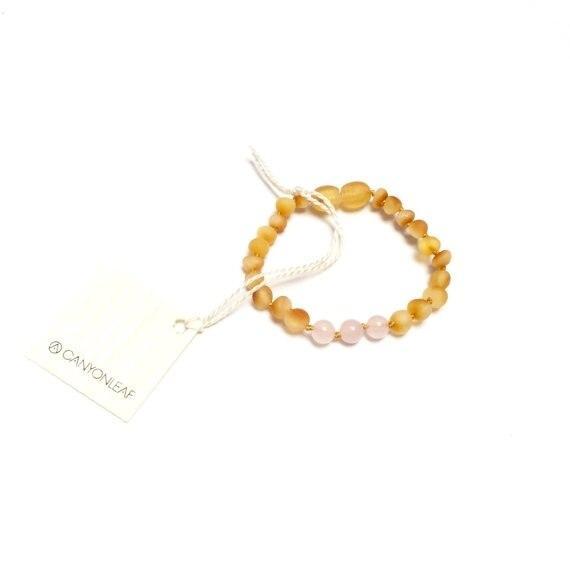 Amber Teething Bracelet - Raw Honey and Rose Quartz