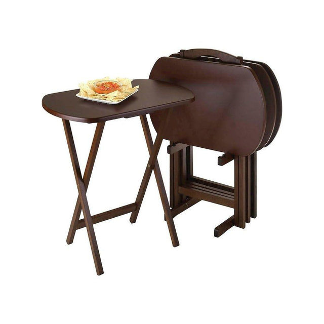 Furnifact Antique Walnut 5 Piece TV Trays Set Includes Four Folding Snack Tables Set and Wooden Storage Stand for Living Room Or Dining