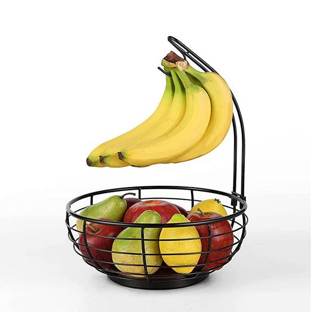 SunnyPoint Classic Tabletop Wire Banana Fruit Basket Bowl Stand With Wooden Base