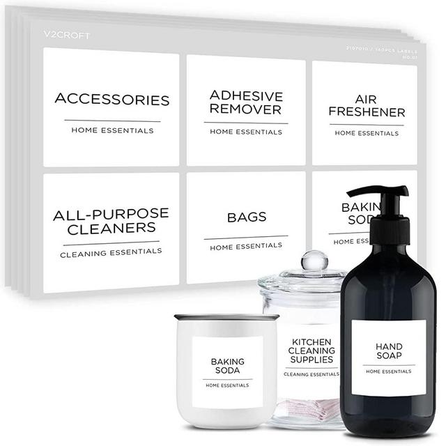 v2croft 144 PCS Minimalist Laundry Room Labels Set, Water Resistant Stickers,Water/Oil Resistant Stickers for Laundry Room, Linen Closet Home Bathroom and The Beauty Organization（White