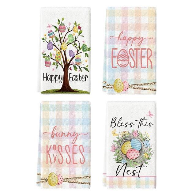 Artoid Mode Buffalo Plaid Colorful Eggs Tree Easter Kitchen Towels Dish Towels, 18x26 Inch Spring Farmhouse Holiday Decoration Hand Towels Set of 4