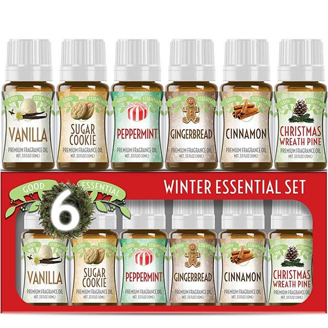 Winter Essential Oil Set of 6 Fragrance Oils - Christmas Wreath Pine, Vanilla, Peppermint, Cinnamon, Sugar Cookie, and Gingerbread by Good Essential Oils - 10ml Bottles