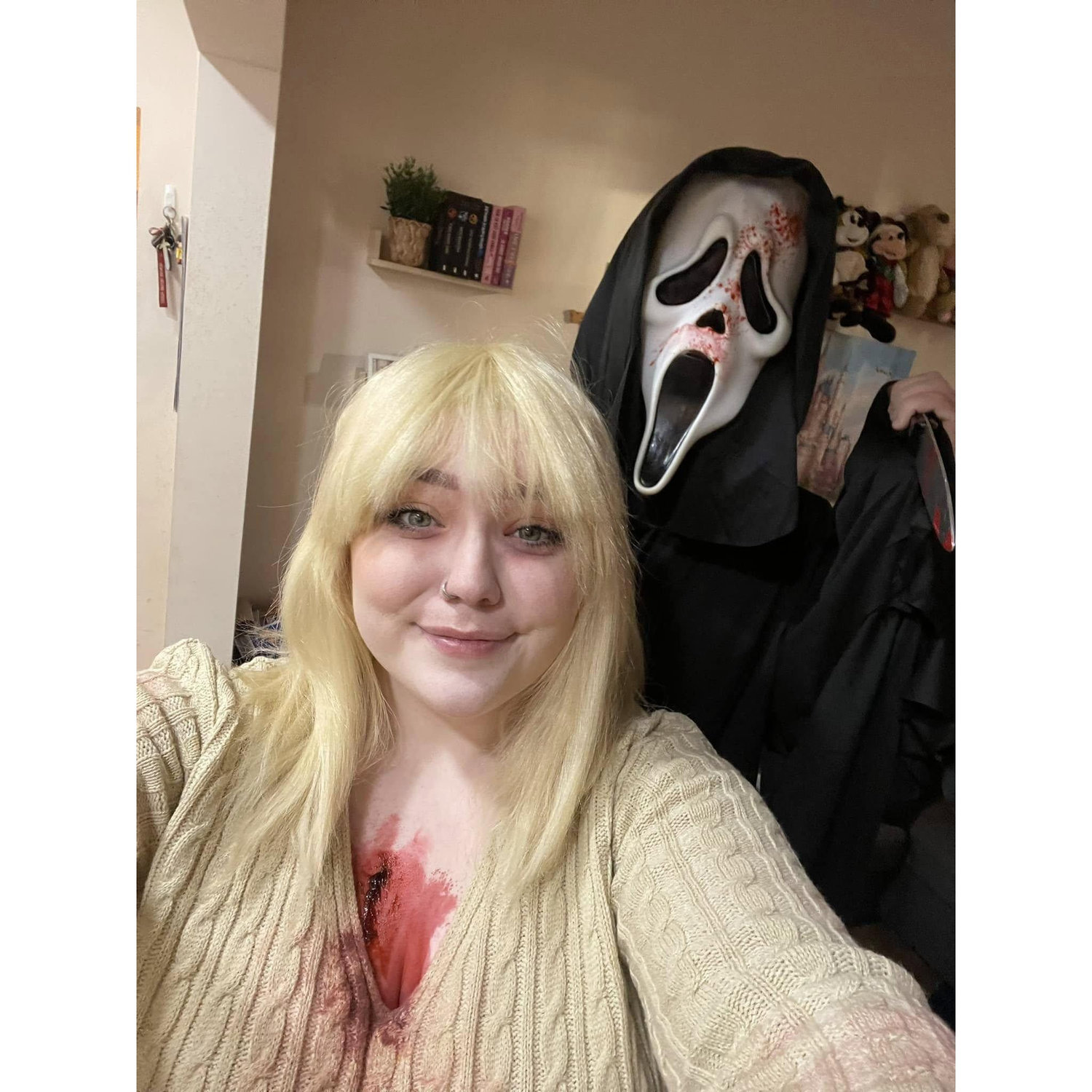 Halloween costumes, dressing up as Jennifer's favourite horror film.