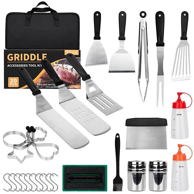 Tksrn Blackstone Griddle Accessories Kit, 20 Pcs Flat Top Grill Tools Set for Blackstone and Camping Cooking Chef, BBQ Grill Accessories with Metal Burger Spatulas Scraper, Egg Rings, Carry Bag