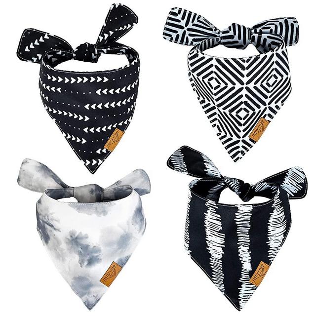Remy+Roo Dog Bandanas - 4 Pack | Monochrome Set | Premium Durable Fabric | Unique Shape | Adjustable Fit | Multiple Sizes Offered | (Large)