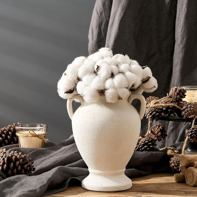 PORCER Ceramic Rustic Flower Vase with Handles, 8.46 Inch Tall Vintage Pottery Home Decor, Farmhouse Terracotta Vase for Living Room, Table, Shelf, Mantel Decoration, Farmhouse- White