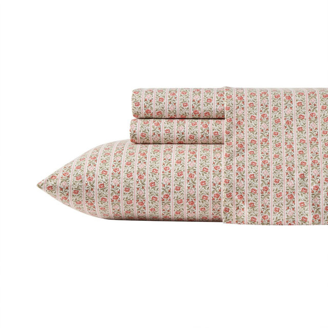 Laura Ashley Marta Stripe Pink 100% Cotton Percale Queen Sheet Set