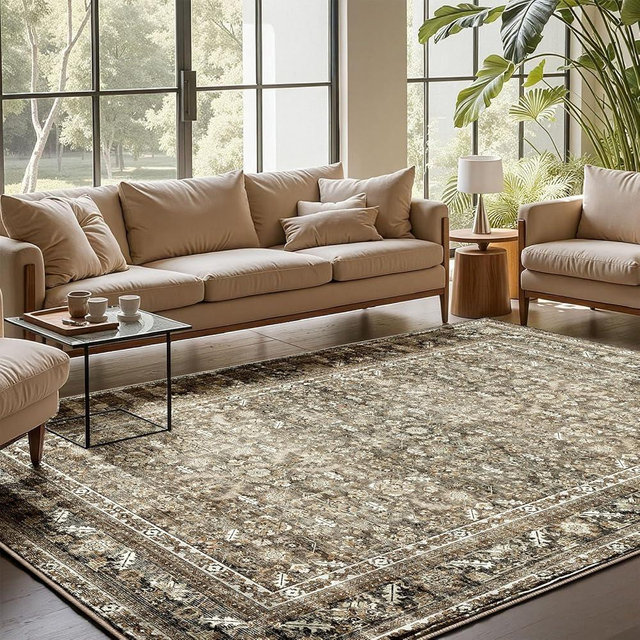 OPPODREAM Vintage Brown Area Rugs 5x7, 5 x 7 Retro Washable Rug Non Slip, Low-Pile Faux Wool Carpet, Soft Distressed Floor Mat for Living Room, Bedroom, Kitchen, Office, Dorm, Dinning Room