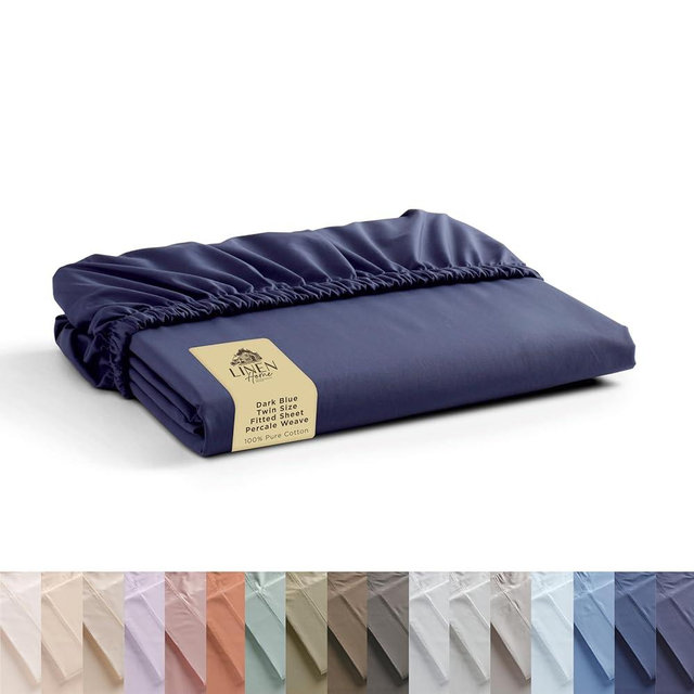 Linen Home 100% Cotton Percale Weave Fitted Sheet, Twin Size, Dark Blue, 1 Deep Pocket Fitted Sheet, Fits Mattress Upto 16" Crisp and Cool Strong Bed Linen, 39"X75"+15"