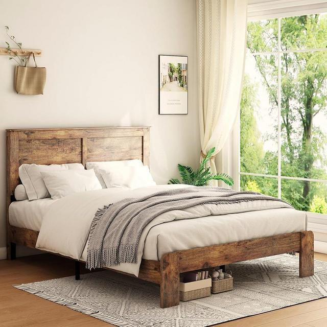 SAMTRA King Size Wooden Bed Frame with Headboard, Rustic Farmhouse Bedframe with Wood Slat Support, Sturdy Framework Platform Bed Frame, Easy Assembly (Brown)