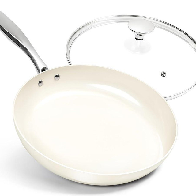 MICHELANGELO 12 Inch Frying Pan with Lid, Large Nonstick Skillet with Ergonomic Handle, Non-Toxic Ceramic Fry Pan, Oven-Safe, White