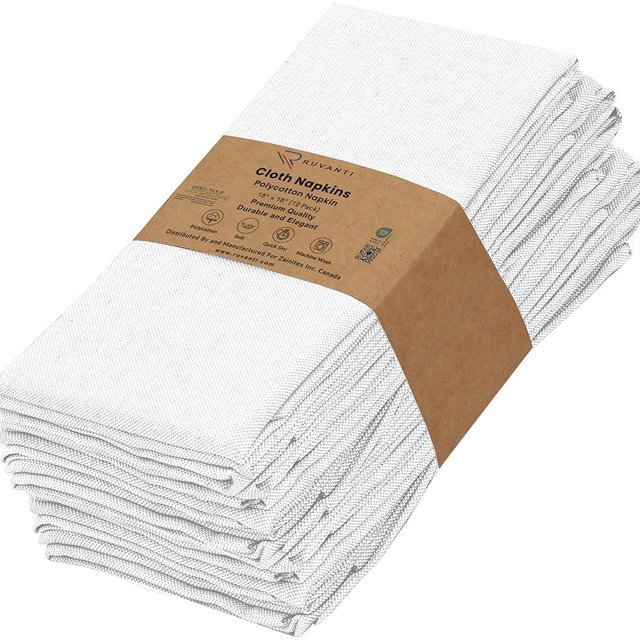 Ruvanti Cloth Napkins Set of 12, 18x18 Reusable Napkins Cloth Washable, Soft & Durable Table Napkin, Poly Cotton Fabric Dinner Napkins for Parties, Christmas, Thanksgiving, Weddings - White