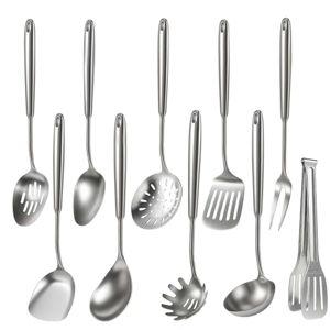 Newness 10 Pcs Cooking Utensils Set, 304 Stainless Steel Kitchen Utensils Set, Metal Kitchen Accessories, Include Soup Ladle, Slotted Skimmer Spoon, Spaghetti Spoon and Spatula, Tongs,Dishwasher Safe