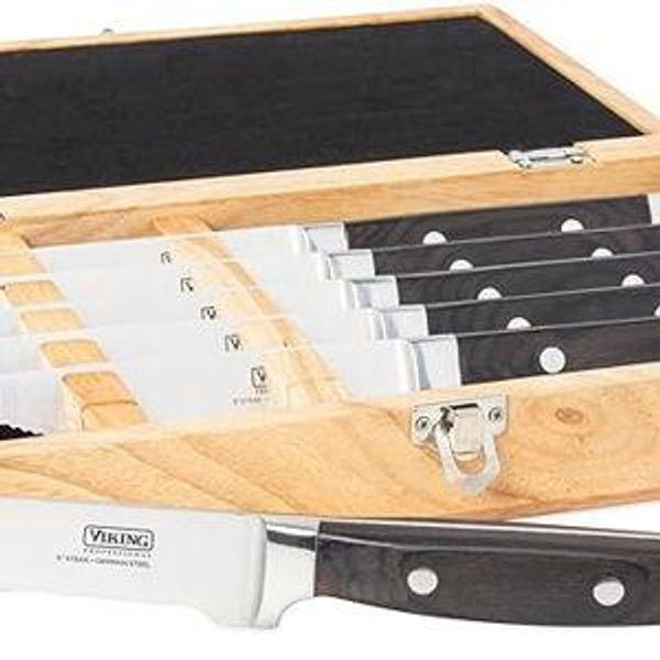 Viking Steak Knife Set, 6-Piece German Stainless Steel Knives with Pakkawood Handles and Wooden Box, Hand Wash Only, Black