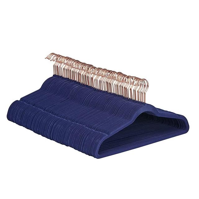 Amazon Basics Slim, Velvet, Non-Slip Suit Clothes Hangers, Navy Blue/Rose Gold - Pack of 100