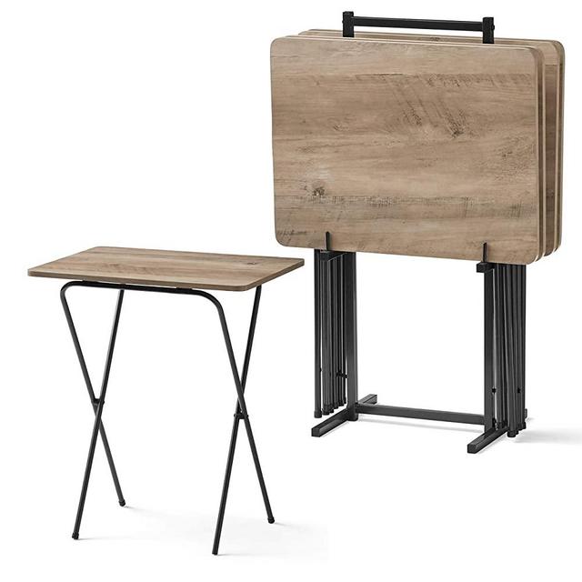 HOME TRENDZ 5-Piece Folding Tray Table Set with Stand, Rustic Gray