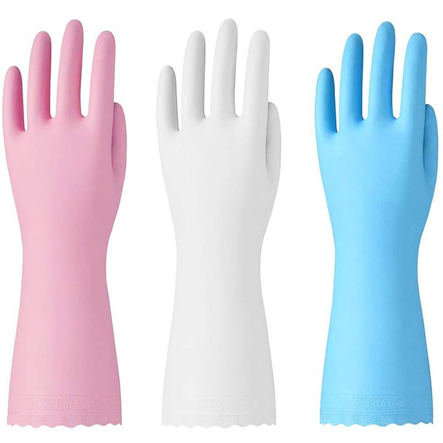Bamllum Rubber Cleaning Gloves - 3 Pairs Latex Free Kitchen Cleaning Gloves with Cotton Liner- Household Dishwashing Gloves, Non- Slip Waterproof (Medium, Blue+Pink+White)