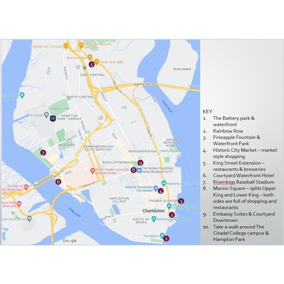 The Charleston Peninsula, simply referred to as downtown Charleston.  We've marked a few favorites from our "Things to Do" and our venues and hotels!
