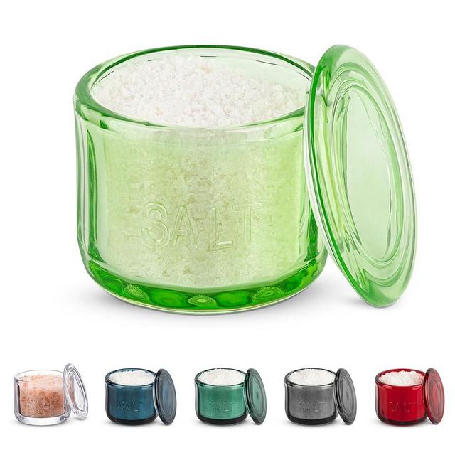 KooK Glass Salt Cellar, with Lid, Embossed Pressed Glass, Clear Storage Container, for Coffee, Sugar, Spices and Candies, Dishwasher Safe, 10 oz (Lime Green)