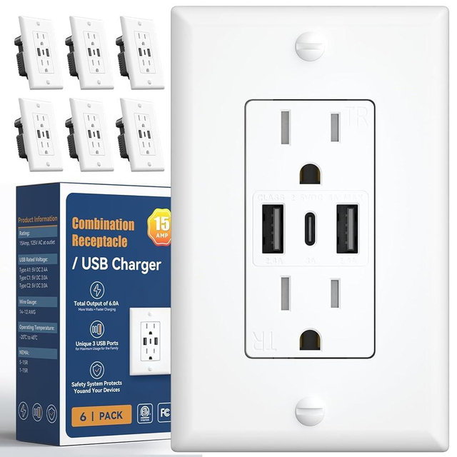 Amico 6.0A USB Outlet 6 Pack, 3-Port 30W Wall Outlets with 2 Type A & 1 Type C, 15 Amp Receptacle Plug, Tamper Resistant Receptacle, Wall Plate Included, ETL Listed, White