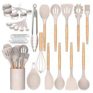 Umite Chef Kitchen Cooking Utensils Set, 33 pcs Non-Stick Silicone Cooking Kitchen Utensils Spatula Set with Holder, Wooden Handle Silicone Kitchen Gadgets Utensil Set (Khaki)