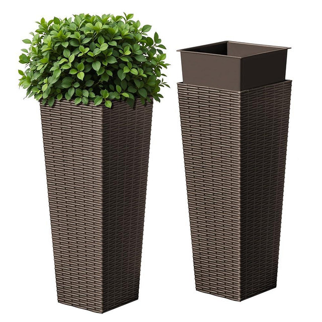 Devoko Resin Tall Planters for Outdoor Plants Set of 2, Large Taper Outdoor Planter Pots with 4 Drainage Holes, Flower Pots Modern Decor for Porch, Patio, Backyard, Home Garden (Brown, 24")