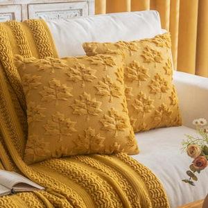 Maple Leaf Fall Throw Pillow Covers 20"x20" Set of 2, Mustard Yellow Farmhouse Decorative Pillow Covers for Autumn Harvest Holiday Accent Pillowcases, Faux Fur Pillow Cover for Couch Bed Room