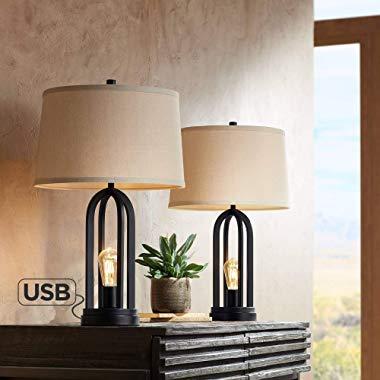 Marcel Modern Industrial Table Lamps Set of 2 with Nightlight LED USB Port Black Linen Shade for Living Room Bedroom - 360 Lighting