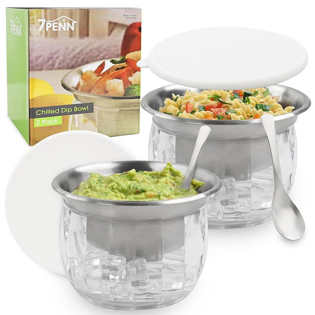 7Penn Shrimp Cocktail Serving Dish 2 Pack - 25 Ounce Stainless Steel Chilled Condiment Server with Lid and Spoons - Acrylic Cold Food Buffet Server with Ice Chamber for Hosting and Entertaining