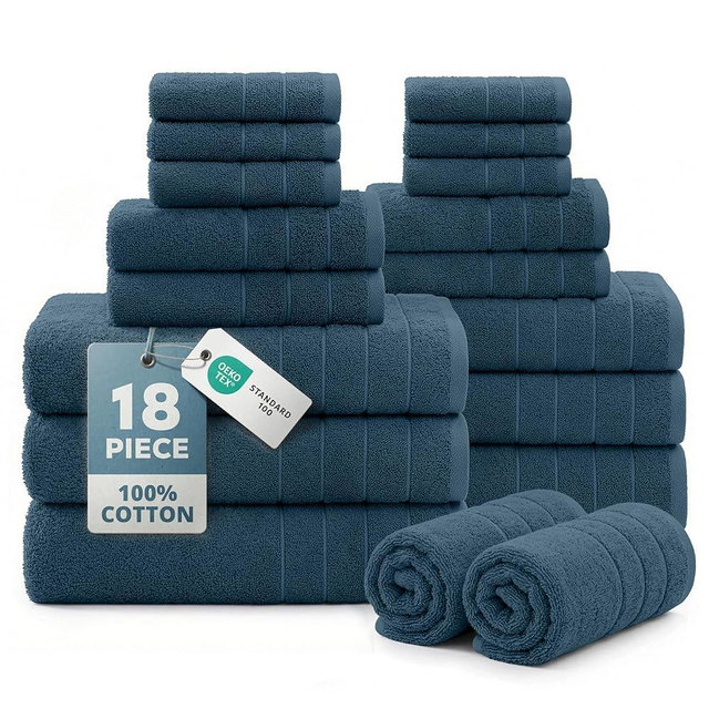 CASA PLATINO 100% Luxury Cotton Bathroom Towels Set - 18 Pc - Super Soft, Quick Dry & Highly Absorbent - 6 Bath, 6 Washcloth, 6 Hand Towels - Premium Hotel Quality, Ideal for Spa & Salons - Steel Blue