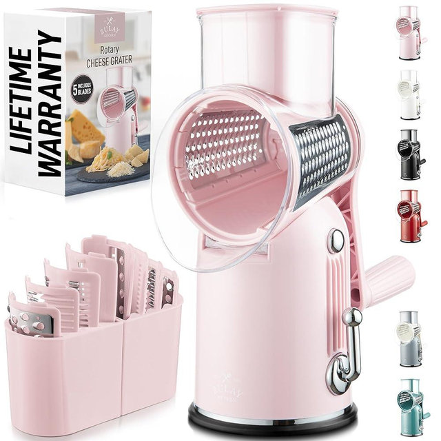 Zulay Kitchen Rotary Cheese Grater 5 Blade Cheese Shredder - Manual Hand Crank Cheese Grater With Reinforced Suction & 5 Interchangeable Drums - Easy to Use, Vegetable Chopper Round Mandoline Slicer