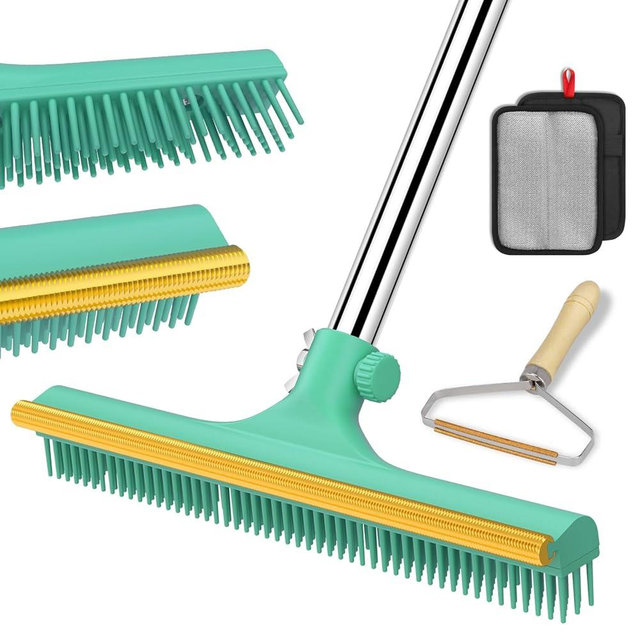 Carpet Rake for Pet Hair Removal, Reusable Pet Hair Remover Broom, 60'' Adjustable Long Handle Dog and Cat Hair Remover Tool Set of 3, Lint Remover Scraper for Carpets, Rugs, Mats, Couch, Car