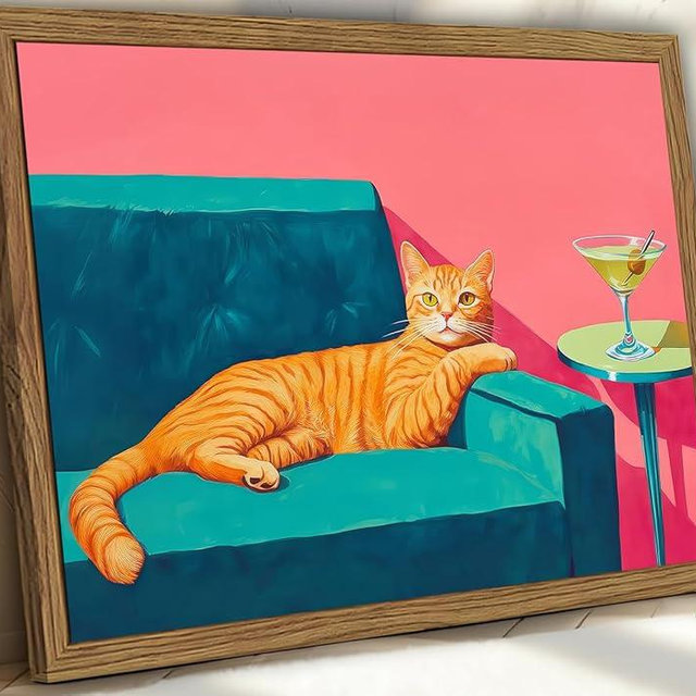 Funny Cat Wall Art Orange Cat With Martini Wall Decor Painting Whimsical Animal Cocktail Bar Cart Poster Canvas Prints Quirky Pet Lover Picture for Bedroom Living Room Wood Framed 12x16 inch