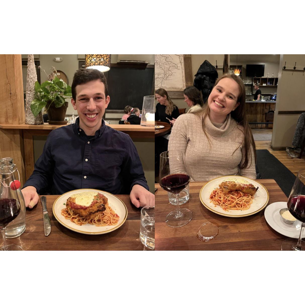 Our first of a few Valentine's Days in Bridgton. We always get our favorite: Chicken Parm.