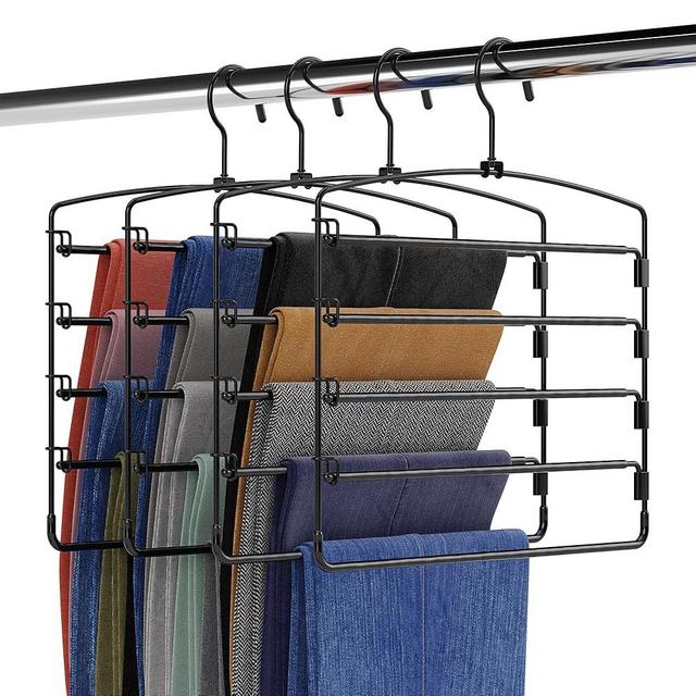Fontaines Luxury 5 Tier Pants Hangers 4 Pack - Ultra Slim & Space Saving - Heavy Duty Metal Swivel Hook with Swing Arm for Clothing, Jeans, Slacks, Skirts, Leggings & Dress Pant Closet Organization