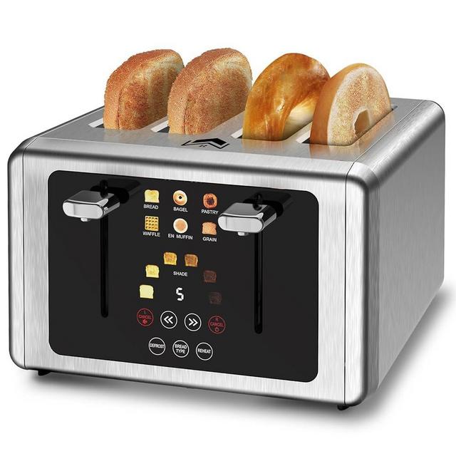 WUNLY 4 Slice Toaster, Touchscreen & Dual Independent Control Panel，5 Basic Functions & Digital Countdown Toasters, 6 Shade Settings＆6 Bread Types, Smart Bread Toaster Mute/Screen-Off ，Stainless Steel