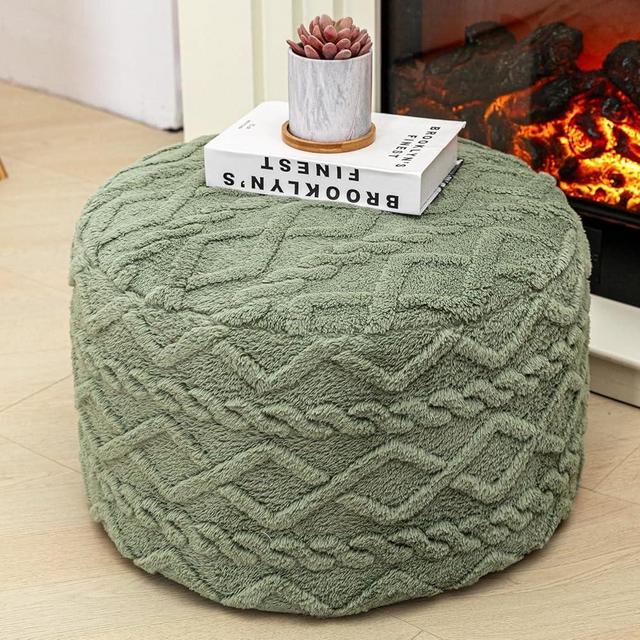 Round Pouf Ottoman Stuffed 20x12 Inches Floor Pouf Chair for Living Room Bedroom - Pouf Foot Rest for Couch Home Décor Pouffe (Light Green Pouf with Filling)
