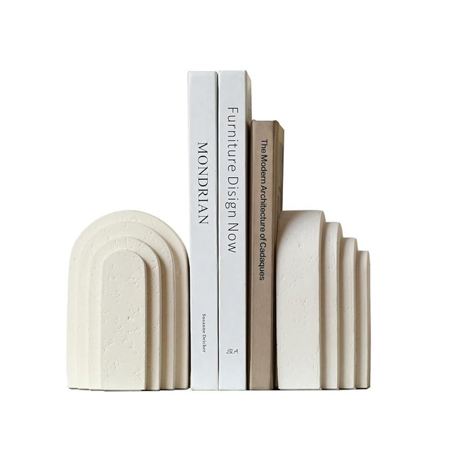Decorative Bookends for Shelves, Set of 2 Book Ends for Heavy Books, Layered Arch Design Beige Bookend