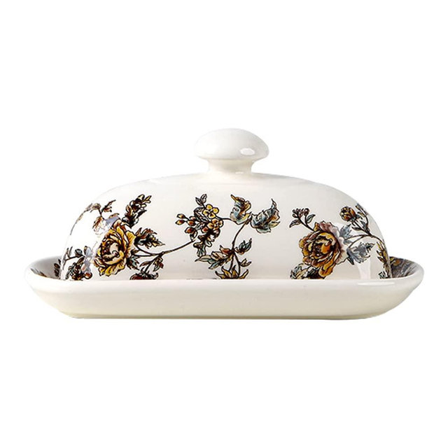 Porcelain Butter Dish with Lid, 8 inch Butter Keeper Container for Countertop, Butter Holder with Handle Cover for East/West Coast Butter (Yellow)