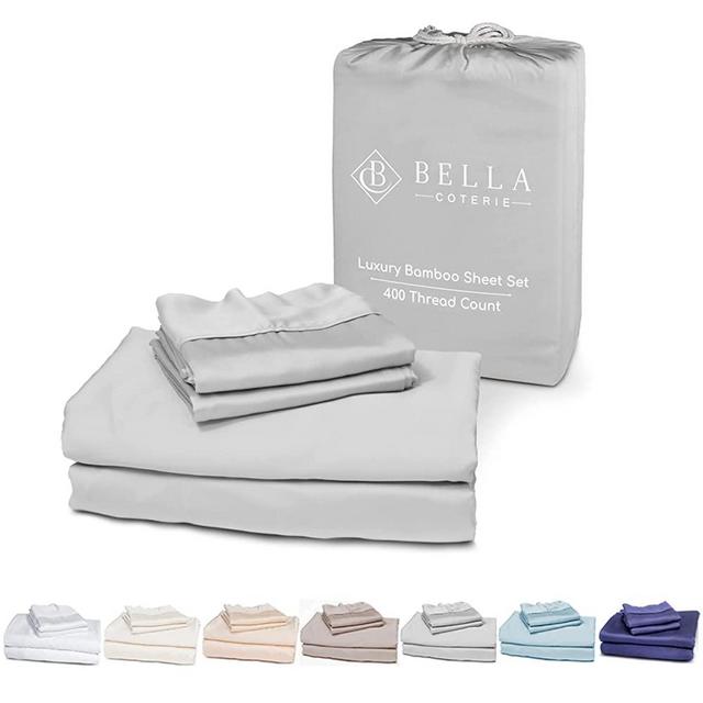 Bella Coterie Luxury Bed Sheet Set | 100% Organically Grown Bamboo Viscose | Ultra Soft and Cooling Better Than Cotton or Silk | 2 Pillowcases, Flat, and Extra Deep Fitted Sheet [Queen, Grey Mist]