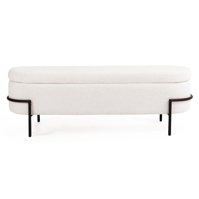 White Storage Ottoman Bench with Metal Stand, Upholstered Sherpa Stool with Large Storage Space, Modern Storage Bench for Living Room/Bedroom/End of Bed/Entryway/Bed Side, 52''L