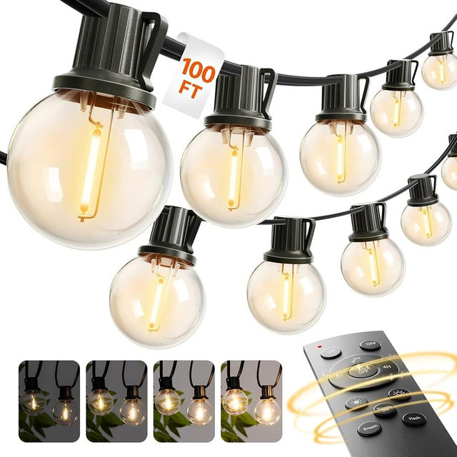addlon Outdoor String Lights 100FT G40 with Remote, 54 LED Shatterproof Bulbs, Dimmable Patio Globe Lights Waterproof, Hanging Outside Lighting for Backyard, Garden, Deck, Balcony, Porch, Café, Decor