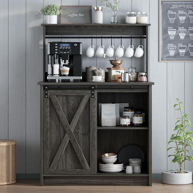 4ever2buy Farmhouse Coffee Bar Cabinet with Storage, Gray Coffee Bar with 6 Hooks, Coffee Bar Table with Sliding Barn Door, Wine Bar Cabinet with Adjustable Shelf for Living Dining Room