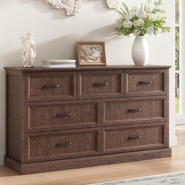 Farmhouse 7 Drawer Dresser for Bedroom, 55 Inch Wide Modern Brown Dresser TV Stand with Large Drawers & Bar Handles, Rustic Wood Chest of Drawers for Bedroom, Living Room, Hallway, Entryway.