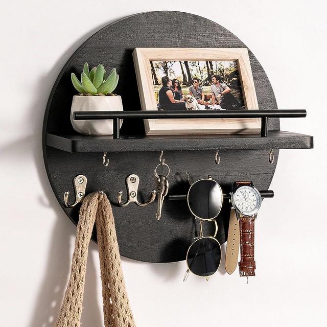 Key Holder for Wall Decorative with Shelf and Hooks, Unique Mail Organizer Wall Mount with Sunglasses Holder, Cute Circular Design Entryway Key Rack Hanger, Rustic Home Decor for Mudroom (black)