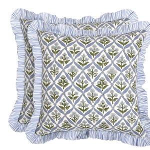 Ridhi Block Print Light Steel Blue Throw Pillow Cover 18" x 18" (Pack of 2) Decorative Cushion Covers with Ruffle for Couch, Sofa, Bed, Living Room, Home Decor Gift for Spring, Easter, Valentine