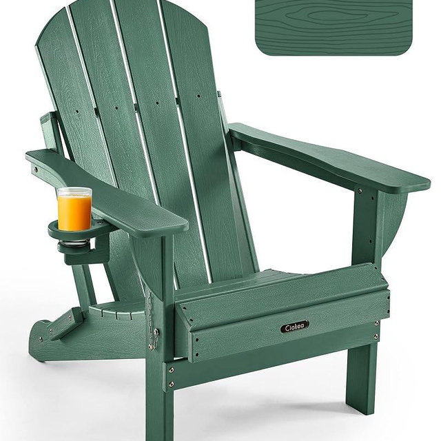 Ciokea Folding Adirondack Chair Wood Texture, Patio Adirondack Chair Weather Resistant, Plastic Fire Pit Chair with Cup Holder, Lawn Chair for Outdoor Porch Garden Backyard Deck (Green)