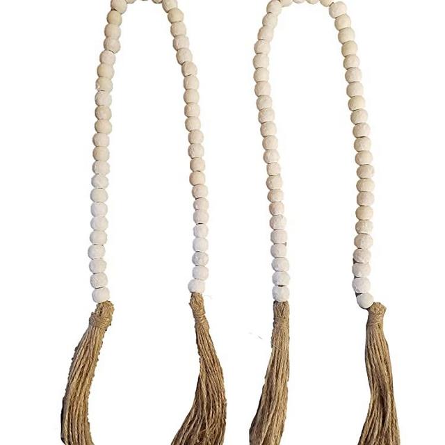 PD Home Set of 2 Chic Farmhouse Wooden Beads with Tassels (Antique White)