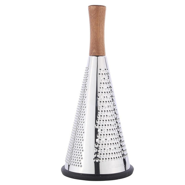 Cone Cheese Grater with Handle - Stainless Steel Triple Function Wood Handle Parmesan Shaver Non-Slip Rubber Bottom Hand Held Multifunction Vegetables Cheese Grater with container(XL:11.8" X 5.1")